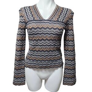 Urchin wool shirt neutral chevron zigzag knit long sleeve size tie v neck small